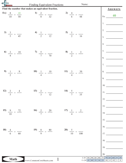 Equivalent Fractions (Missing Number) Worksheet - Finding Equivalent Fractions  worksheet